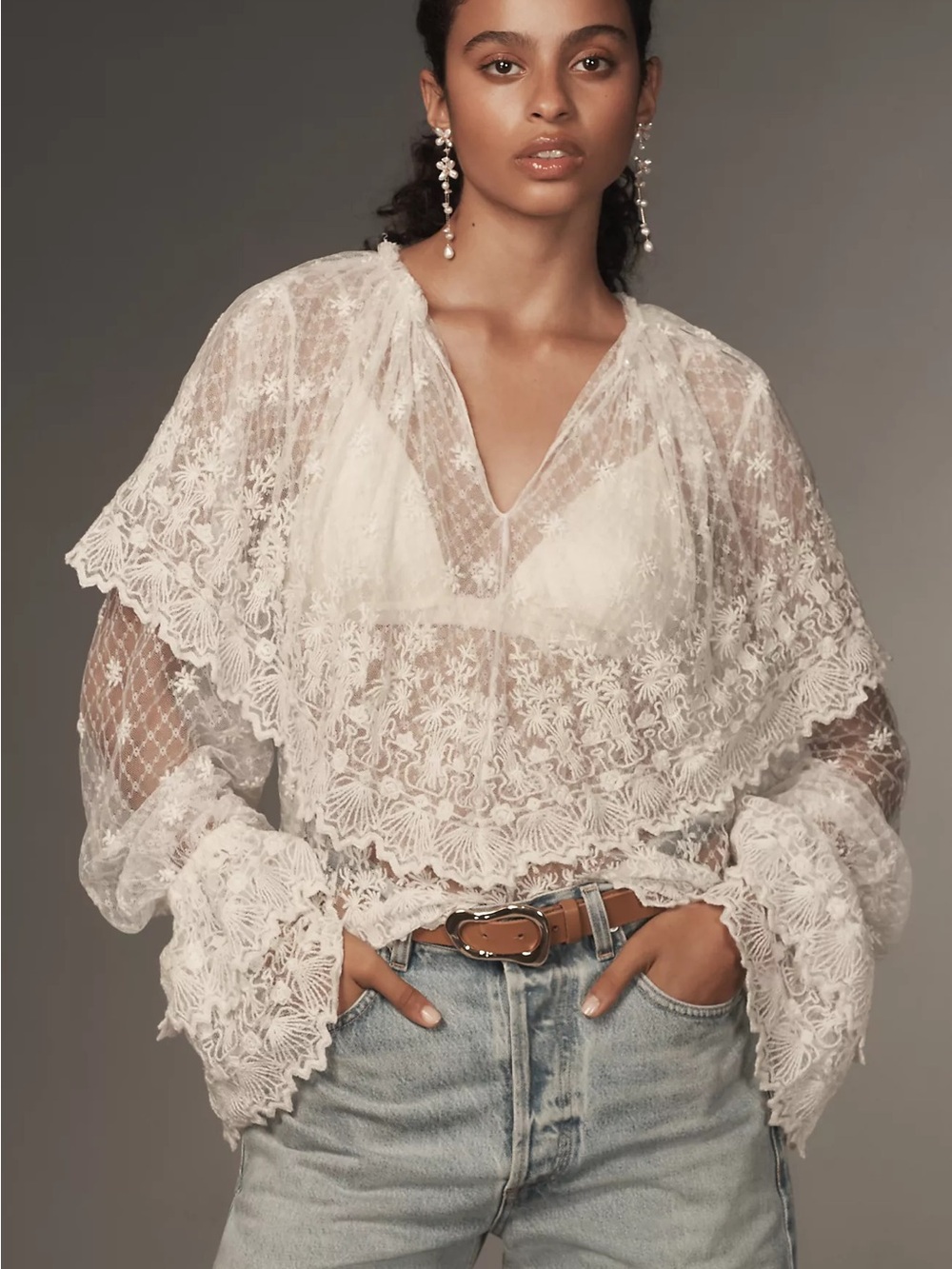 Anthropologie Forever That Girl Long-Sleeve Lace-Bib Blouse